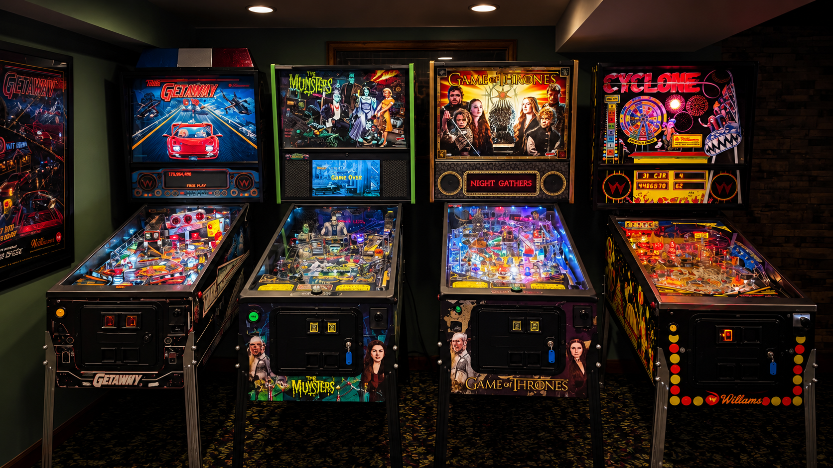An illuminated private collection of pinball machines