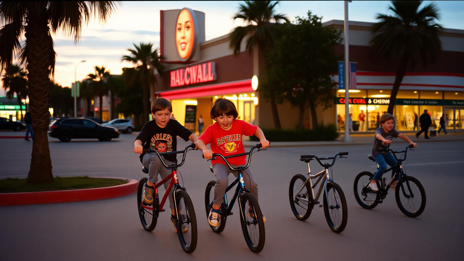 Kids outside a mall arcade at dusk
